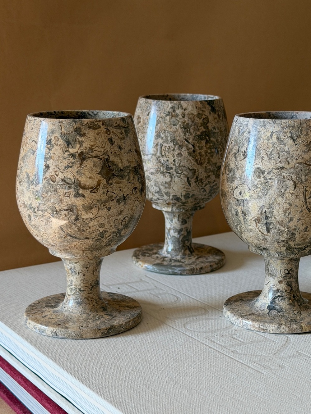 Marble-Pattern Ceramic Goblet - Neutral Stone Finish